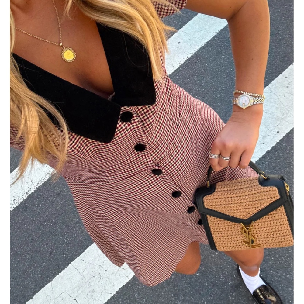 The Samantha Dress - Burgundy Holmes Houndstooth by Hill House